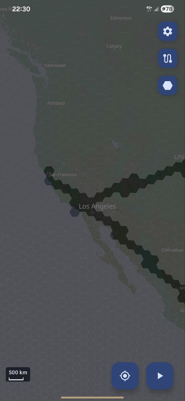 Cleared hexagons seen zoomed out across the US West coast