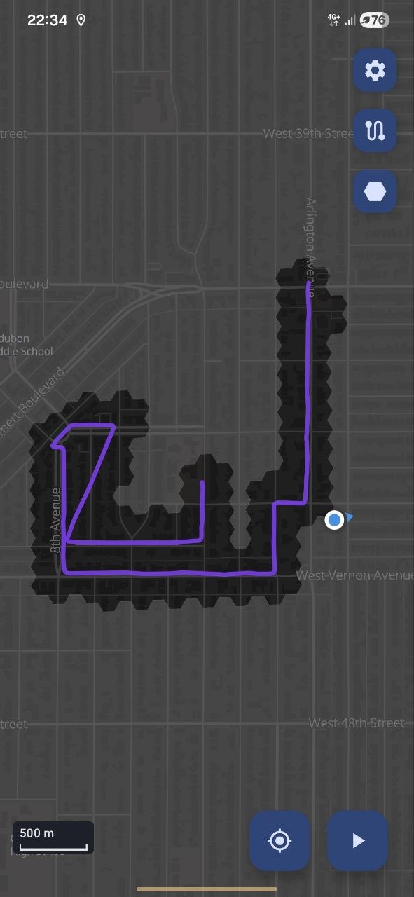 A purple polyline tracing a recorded walk in real time