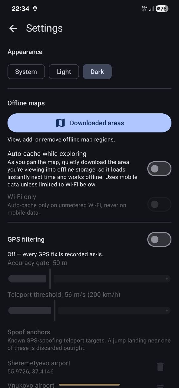 The same settings with GPS filtering switched off and the controls greyed out