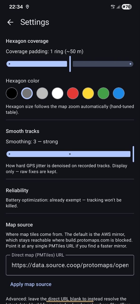 Settings for coverage padding, hex colour, track smoothing and the map source URL